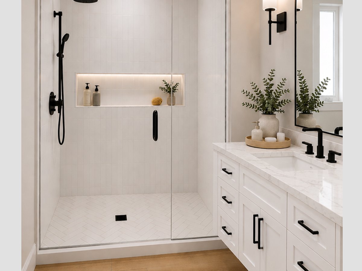 Fully remodeled bathroom with walk-in shower and matte black fixtures by Cmax GC