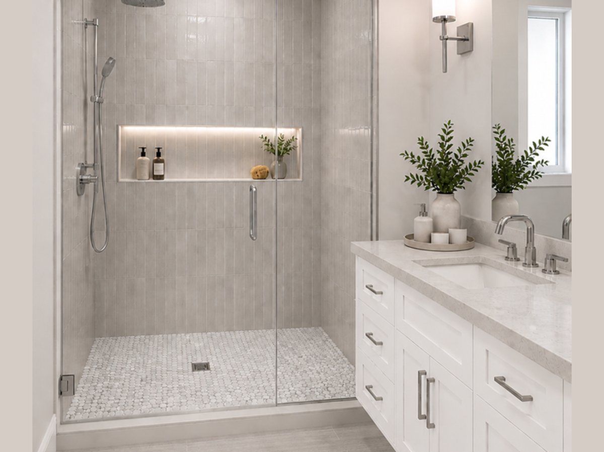 Remodeled walk-in shower with vertical tile and chrome fixtures by Cmax GC