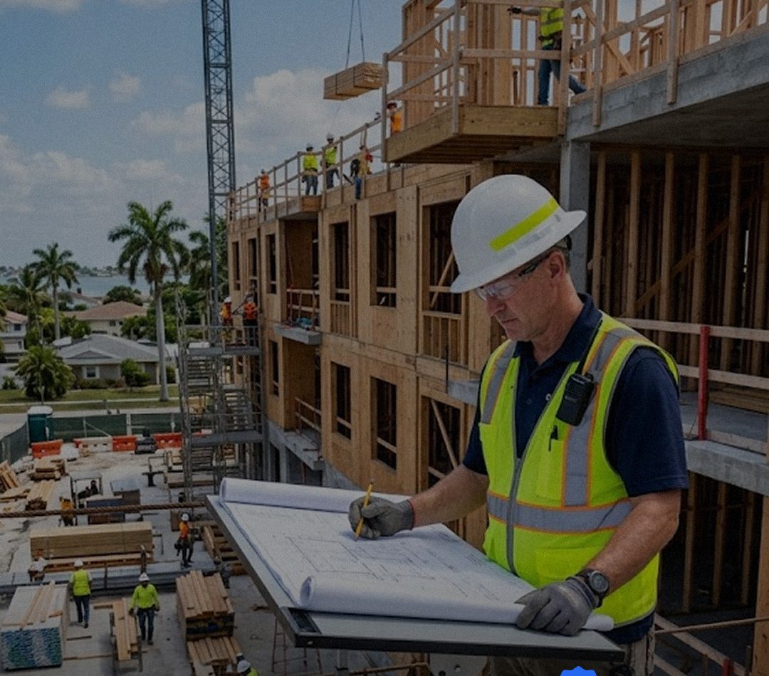 Cmax GC General Contractor reviewing structural drawings on an active multi-family construction site